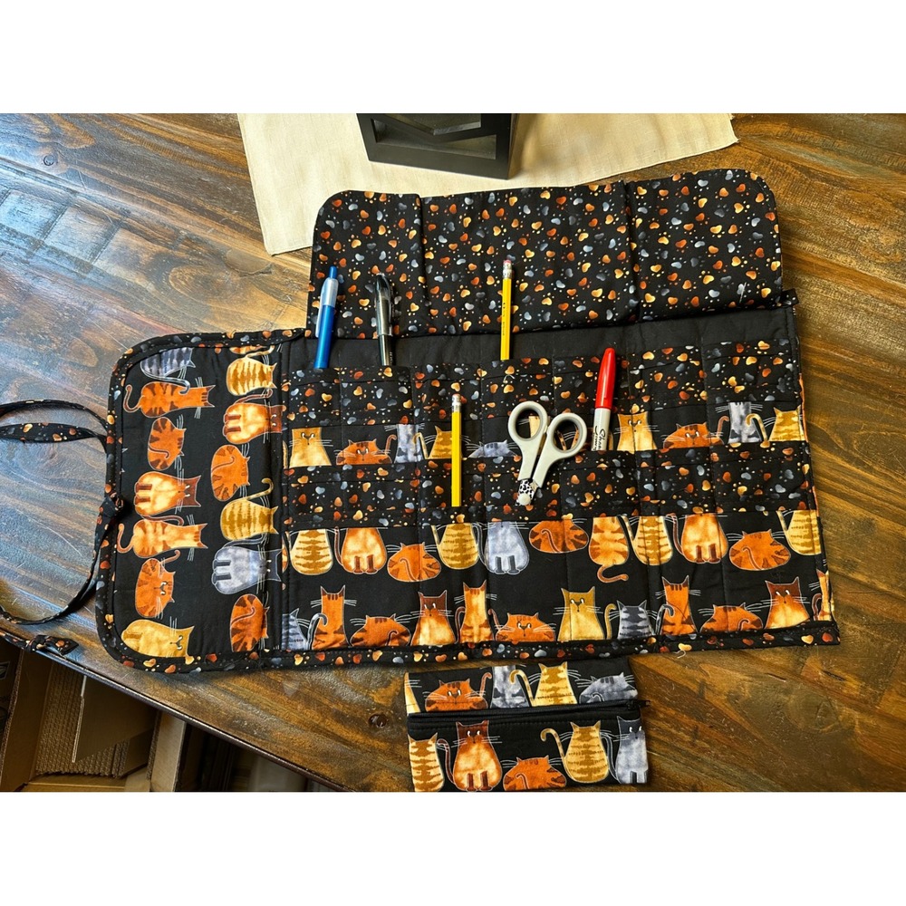 Handmade Cat Print Roll Up Art Makeup or  Brush Organizer Tye Travel Pouch Kitty
